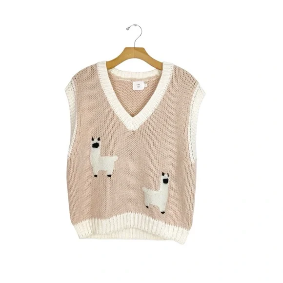 Women's V-Neck Sweater Vest - Cream/Taupe with Llama Design - Picture 1 of 7
